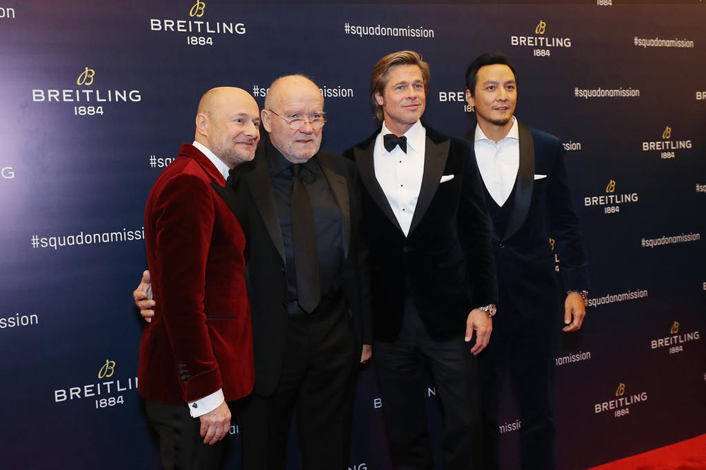 November 20th 2018 Breitling Gala Night Beijing. Gala Dinner. Breitling Squad on Stage. From left to right, Georges Kern, Brad Pitt, Peter Lindbergh, and Daniel Wu (PPR/Breitling)